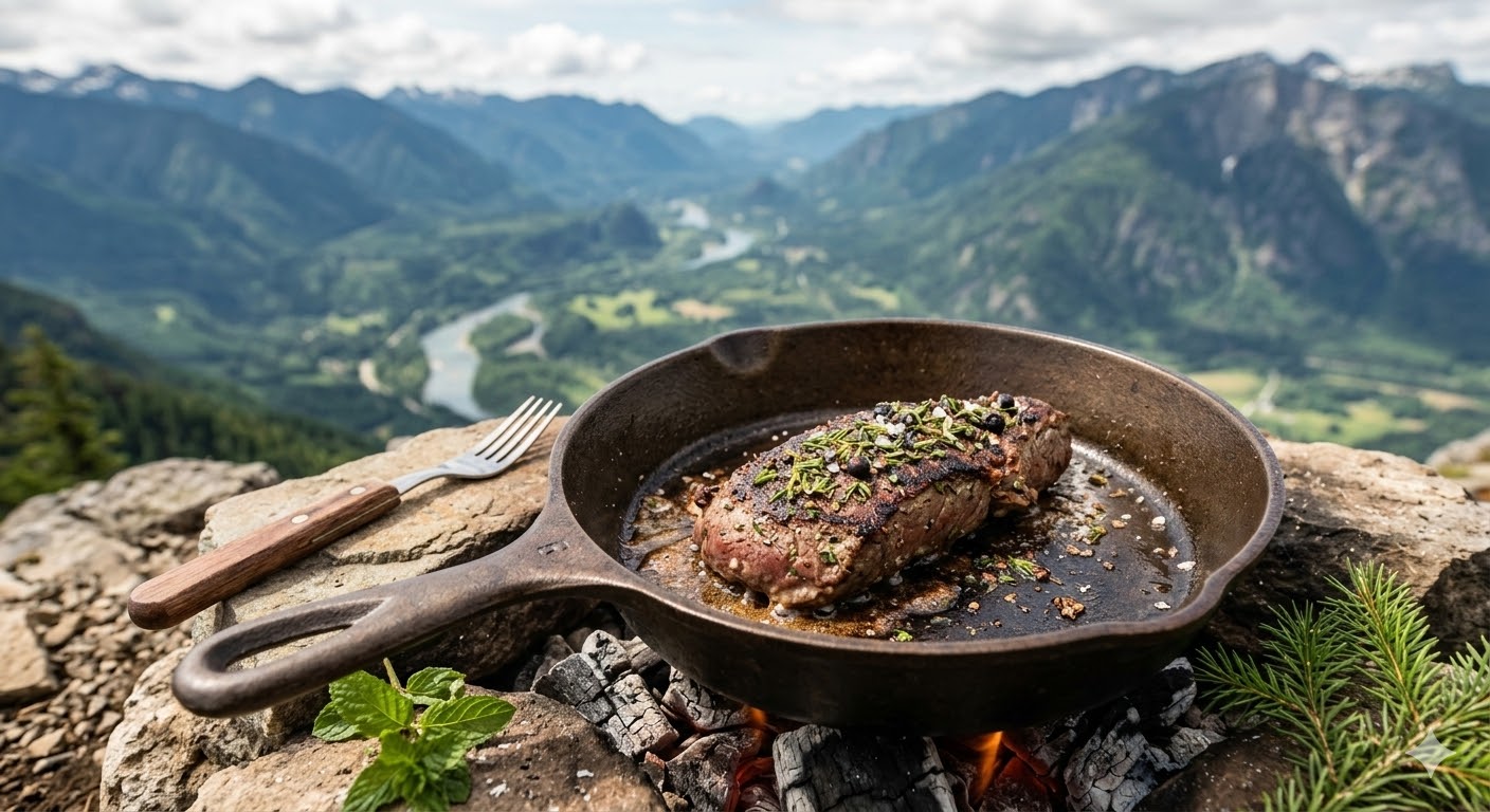 A cast-iron skillet cooking wild venison on a rocky summit at Mount Si